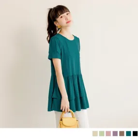 LAYERED RUFFLE HEM SHORT SLEEVE ROUND NECK TOPS