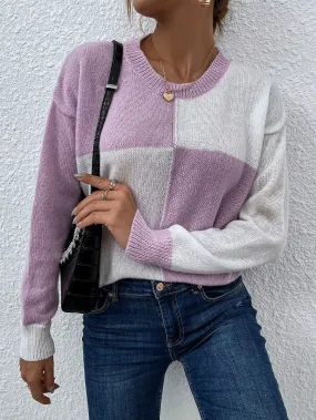 White & Purple Contrast Color Knitted Sweater MYDU936FE